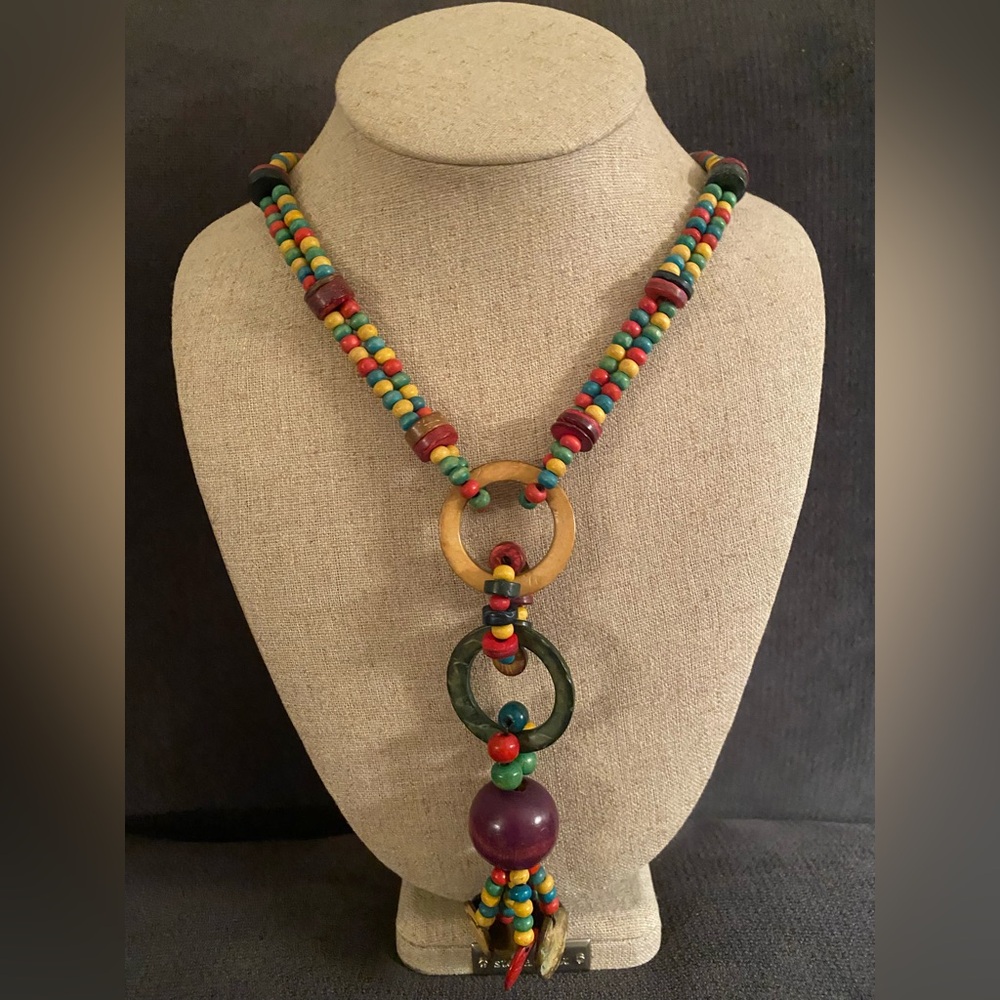 Wood Beaded Boho Multi-Colored Necklace